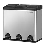 SONGMICS Poubelle de cuisine 54 litres, poubelle à pédale avec 3 compartiments, seau intérieur et 6 autocollants pour tri des déchetls, LTB54L, Argent/Noir, 60,4 x 30 x 56,3 cm (L x B x H)